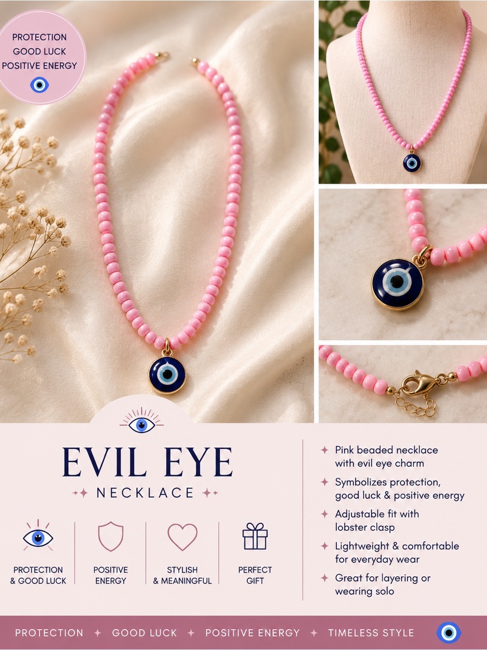 Pink Beaded Evil Eye Necklace - Protection & Good Luck